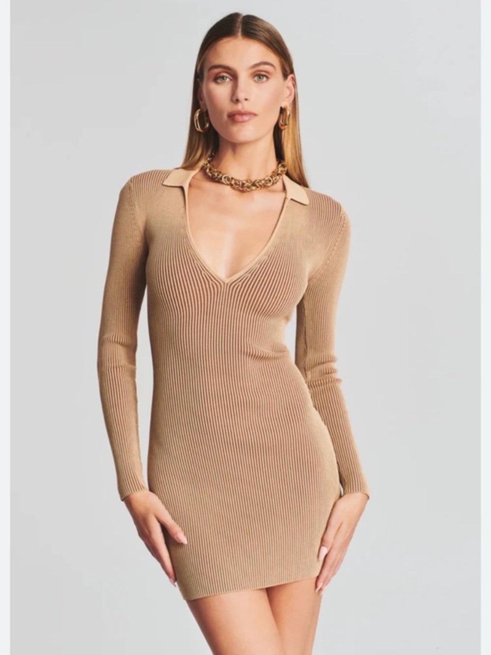SER.O.YA Retrofete Boa Ribbed Deep V-Neck Mini Sheath Dress in Tan NWT